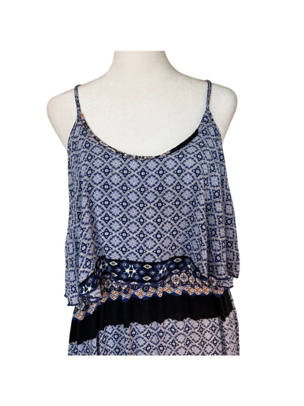 Boho Bali Batik Print Maxi Dress Layered Racerback Sleeveless Sundress Resort - Picture 3 of 15